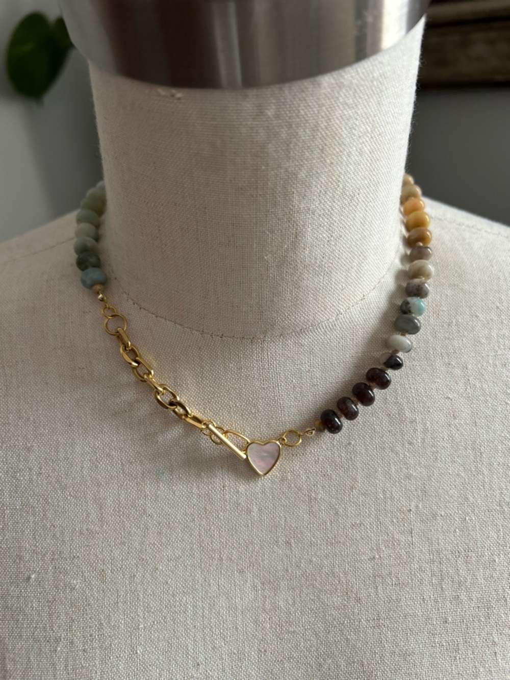 Gold Chain Necklace with Multicolor Beads and Heart Pendant